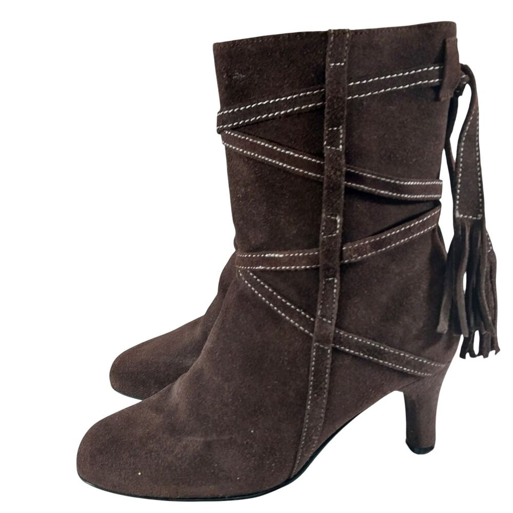 BISOU BISOU! ESPRESSO BROWN GENUINE SUEDE LEATHER TASSLE BACK BOOTS! SZ 7.5M